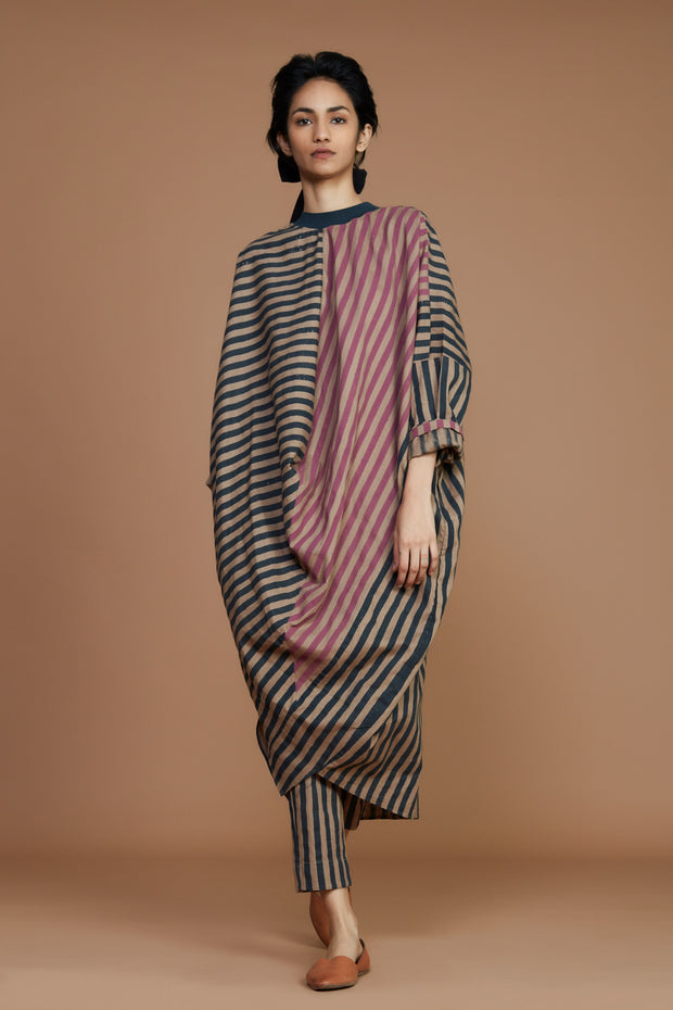 Ribbed Cowl Tunic Striped Brown Dress