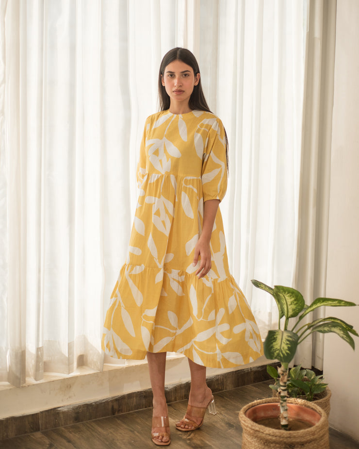 Yellow Floral Print Tier Dress