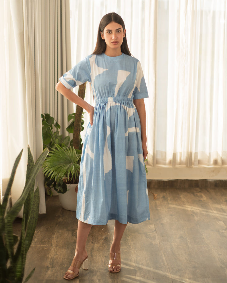 Blue Abstract Elastic Waist Dress