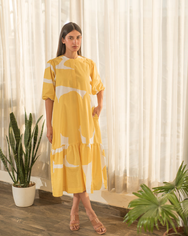 Yellow Abstract Print Bottom Flare Dress