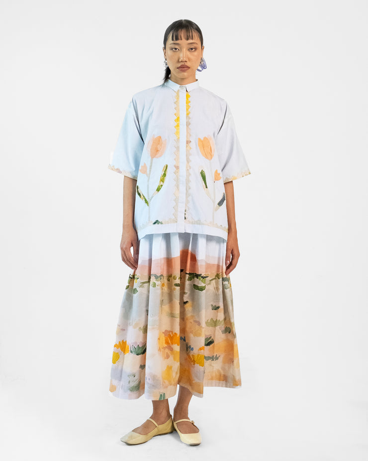 Abstract Print Applique Cotton Shirt Skirt Set of 2