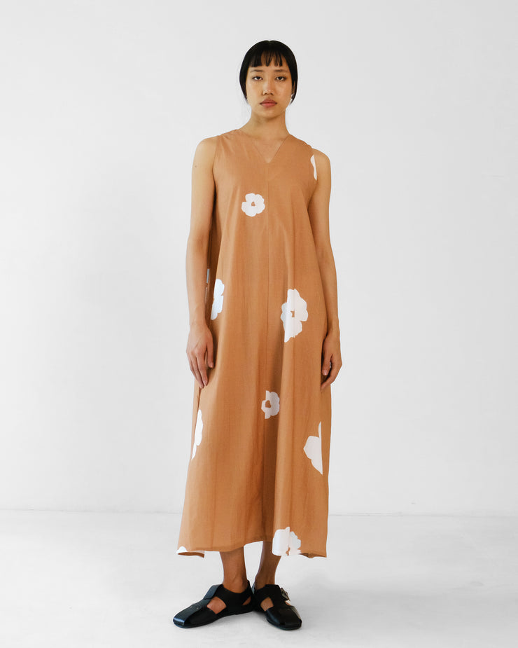 Brown Poppy Sleeveless V neck Cotton Dress