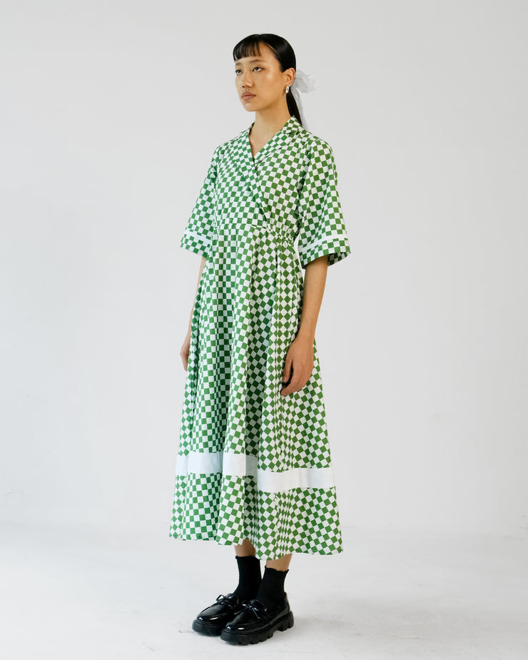 Green Checks Printed Cotton Cuban Collar Dress