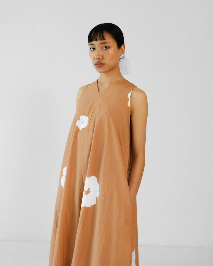 Brown Poppy Sleeveless V neck Cotton Dress