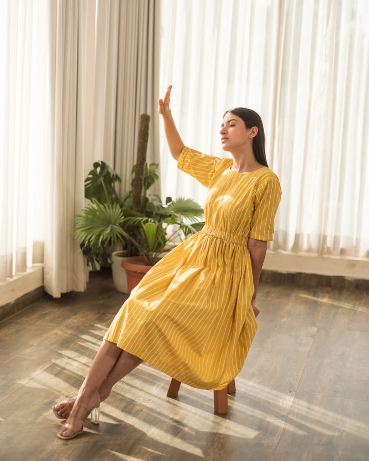 Yellow Stripe Elastic Waist Dress