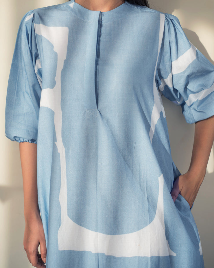 Blue Abstract Print Bottom Flare Dress