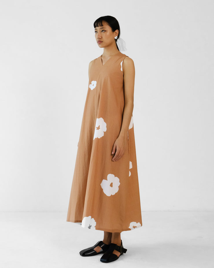 Brown Poppy Sleeveless V neck Cotton Dress
