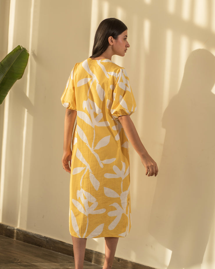 Yellow Floral Print V Neck Dress