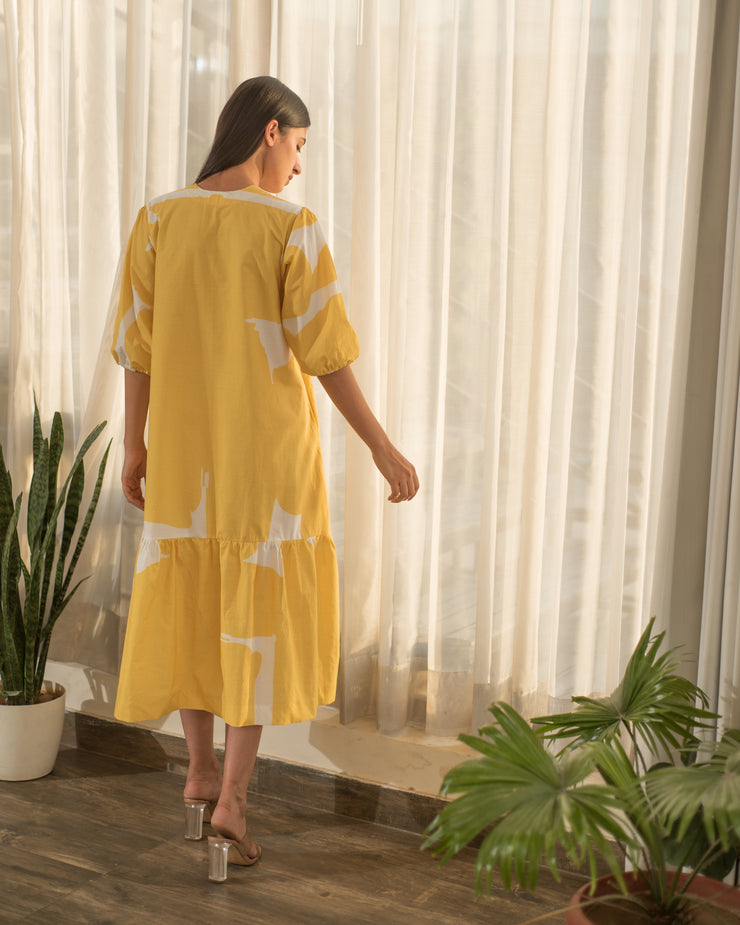 Yellow Abstract Print Bottom Flare Dress