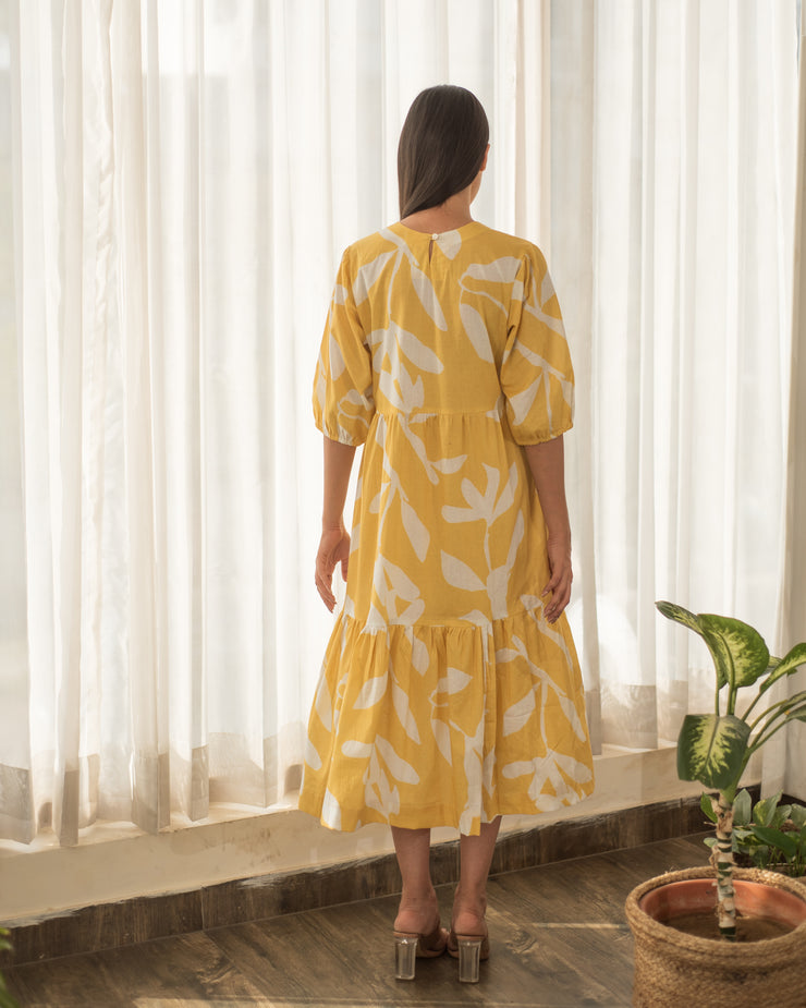 Yellow Floral Print Tier Dress