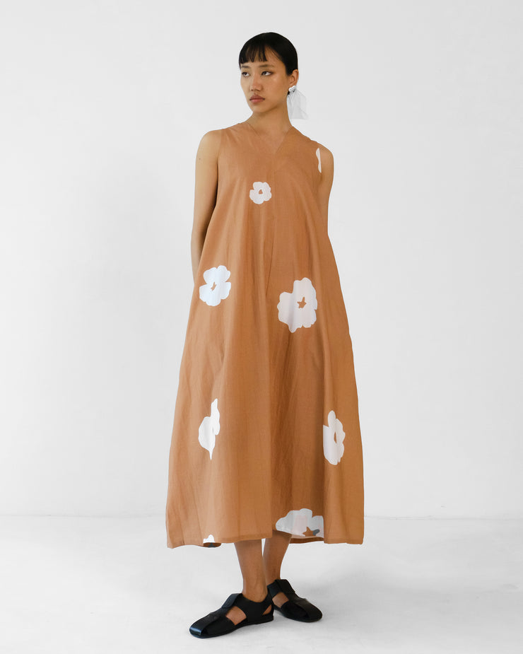 Brown Poppy Sleeveless V neck Cotton Dress