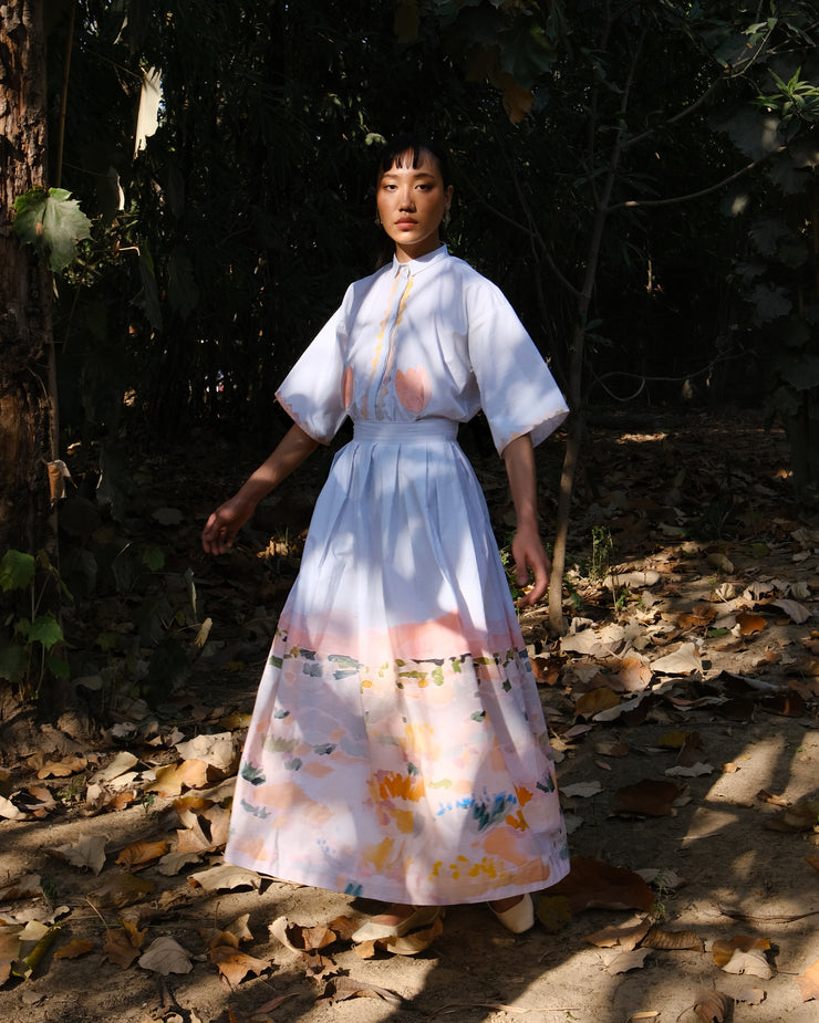 Abstract Print Applique Cotton Shirt Skirt Set of 2