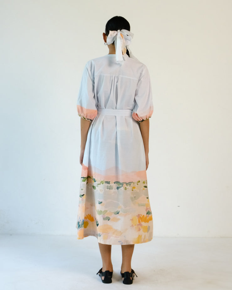 Abstract Print pleated Cotton Belt Dress