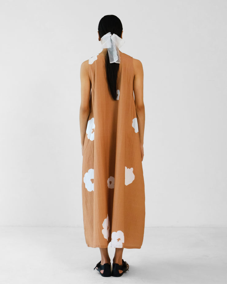 Brown Poppy Sleeveless V neck Cotton Dress