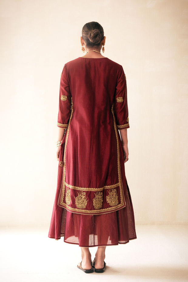 maroon chanderi lucknowi style kurta