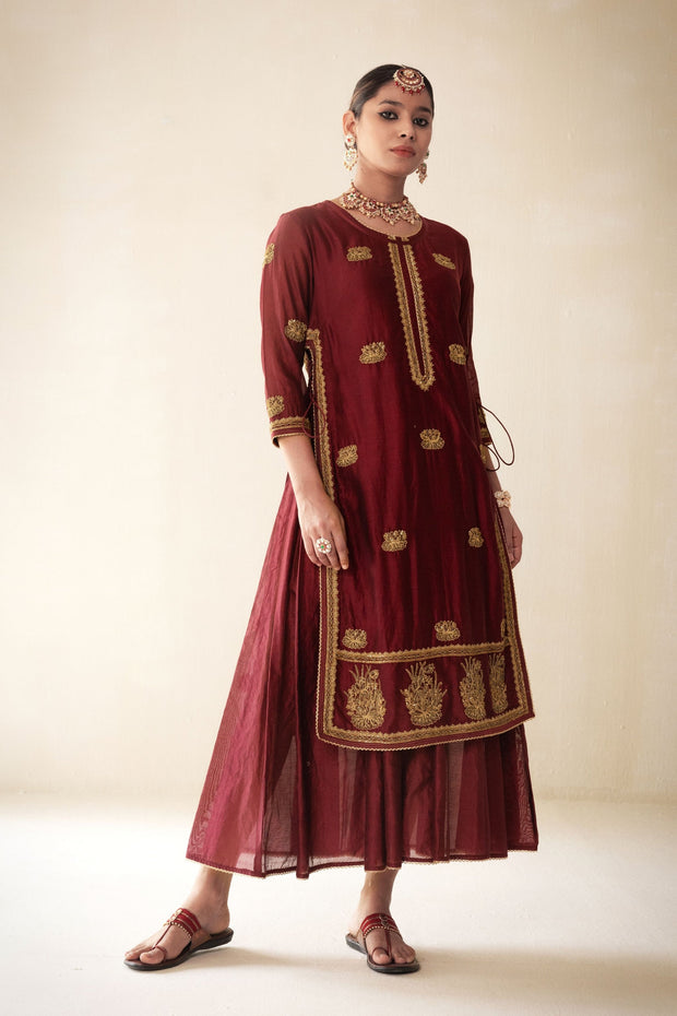 maroon chanderi lucknowi style kurta