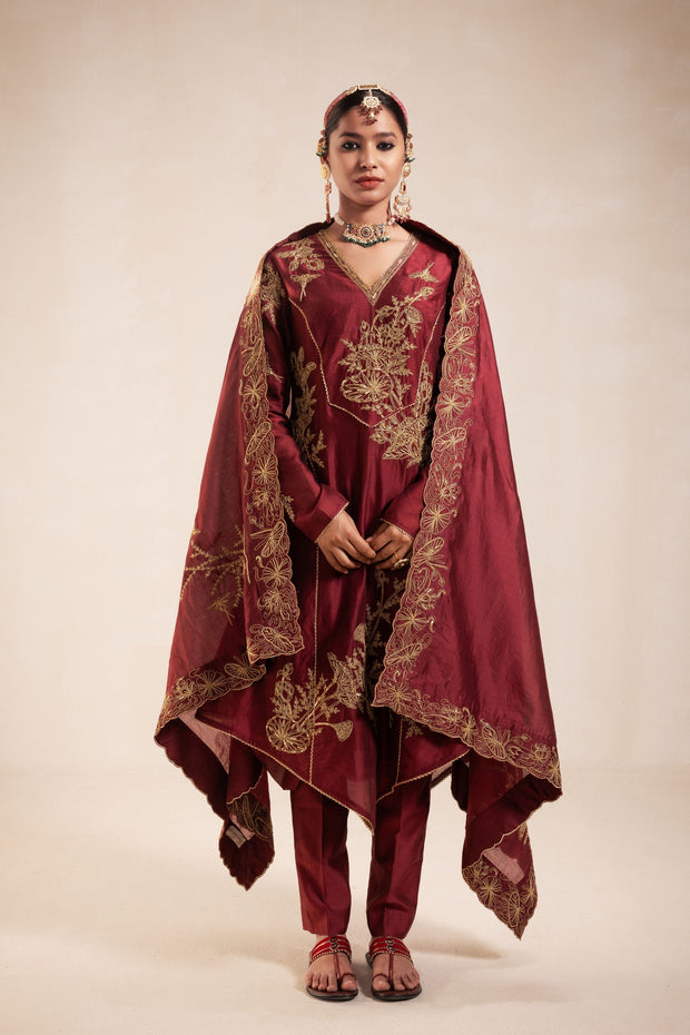 maroon high low kurta set