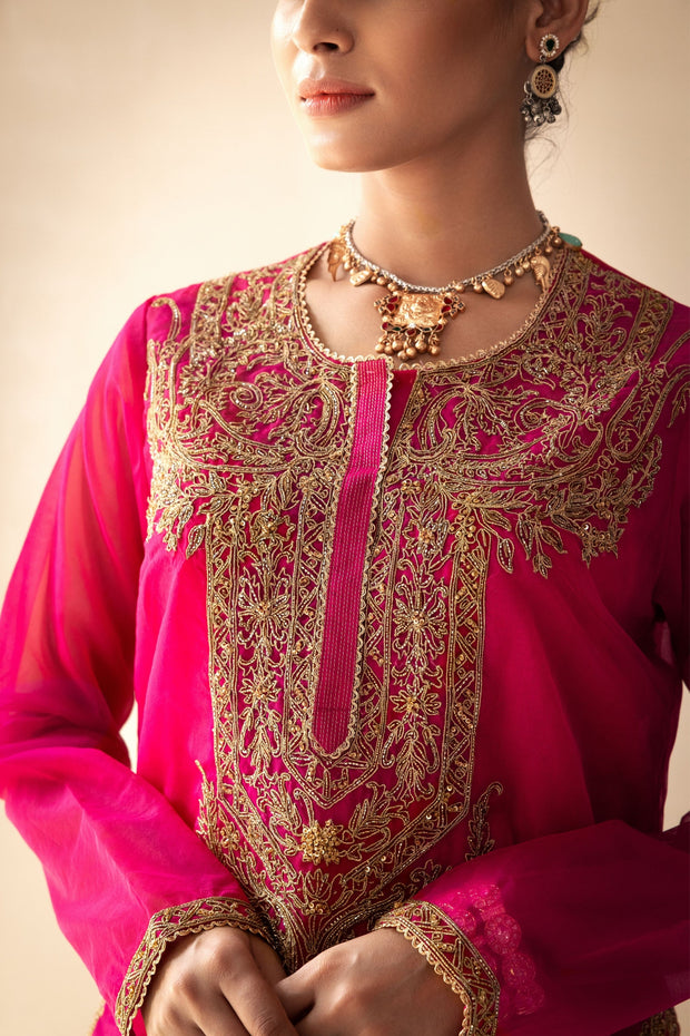 pink embroided organza kurta set