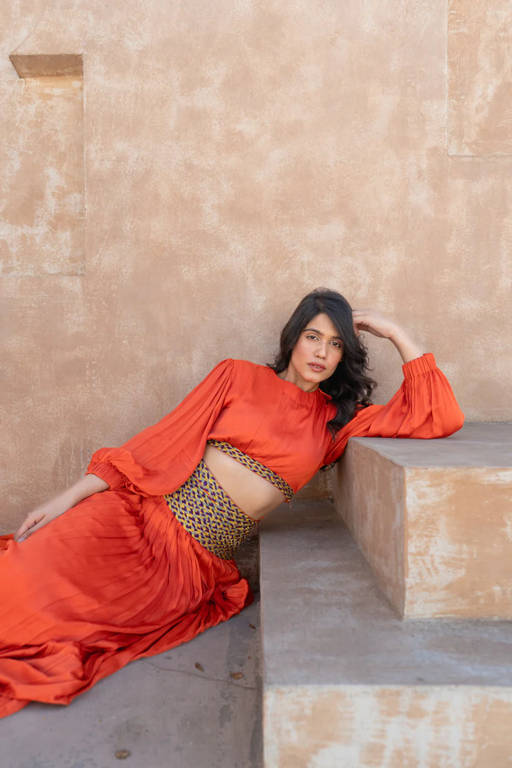 Orange Skirt Set with Color-Blocked Braids