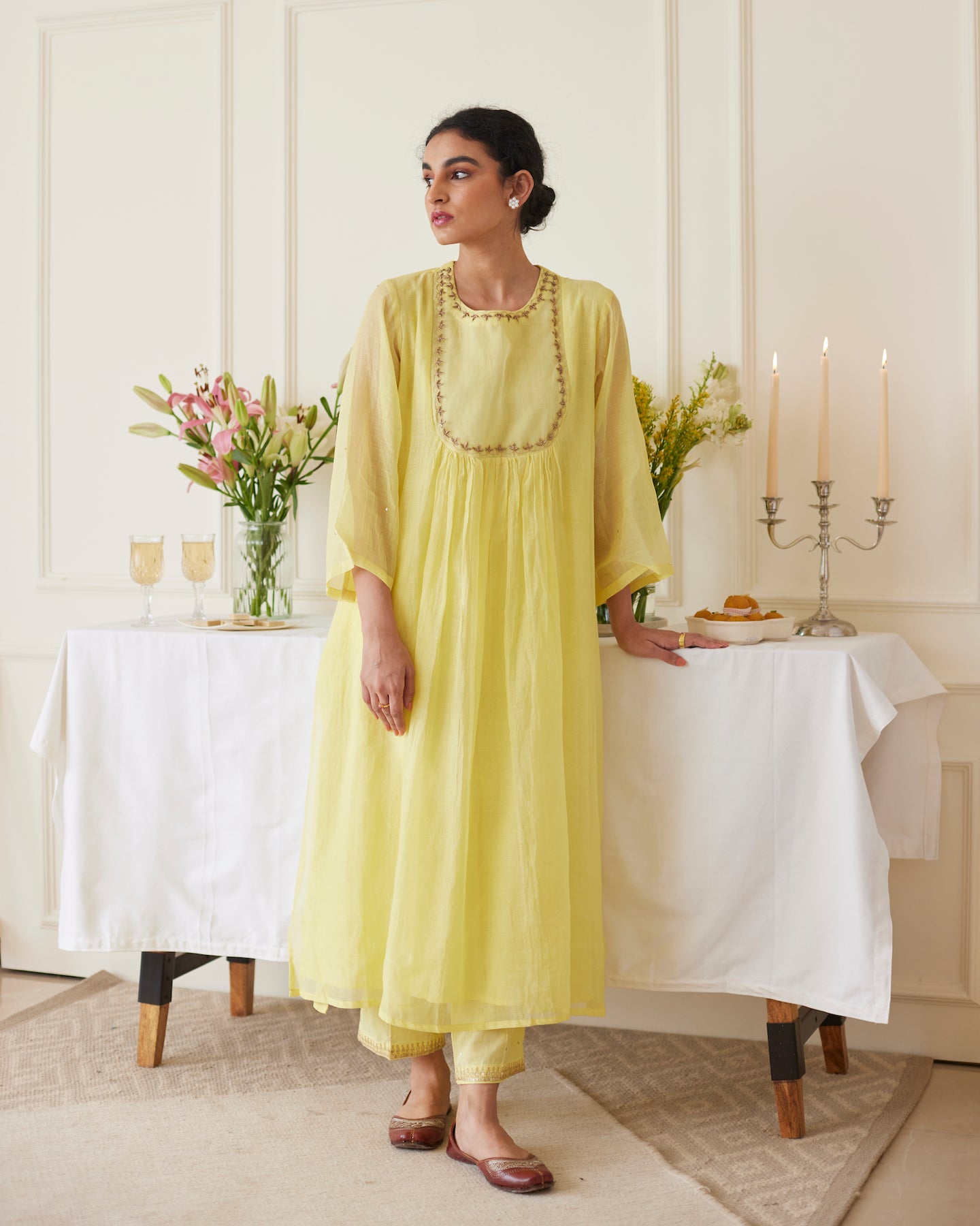 Juanita- Handwoven chanderi ivory comfort fit kurta set with embellishment