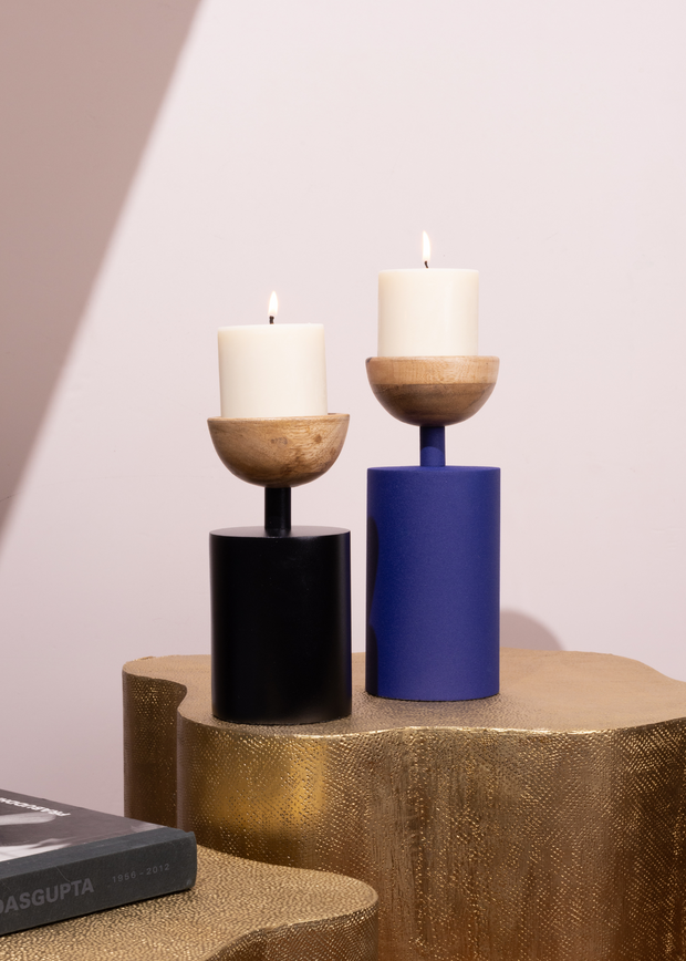 Elan Pillar Candle Holders - Blue & Black