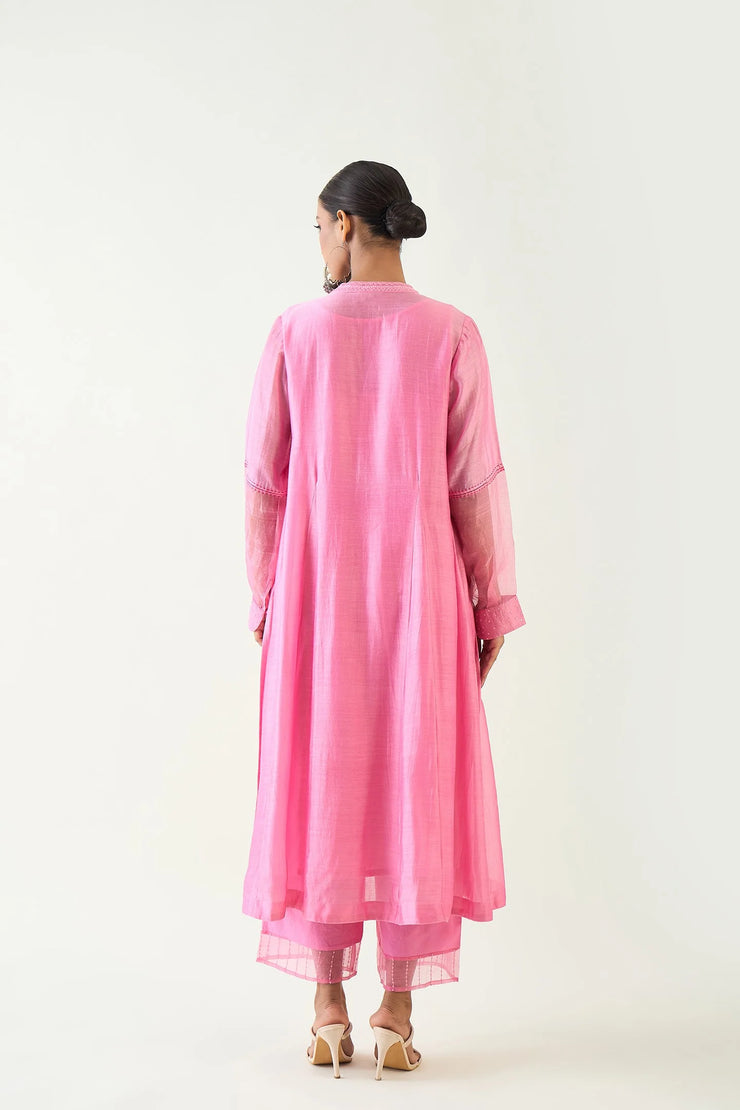 Urvi: Embroidered Side Gather Kurta set - Candy Pink