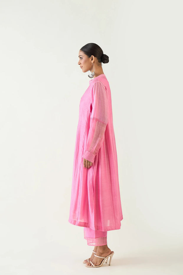 Urvi: Embroidered Side Gather Kurta set - Candy Pink