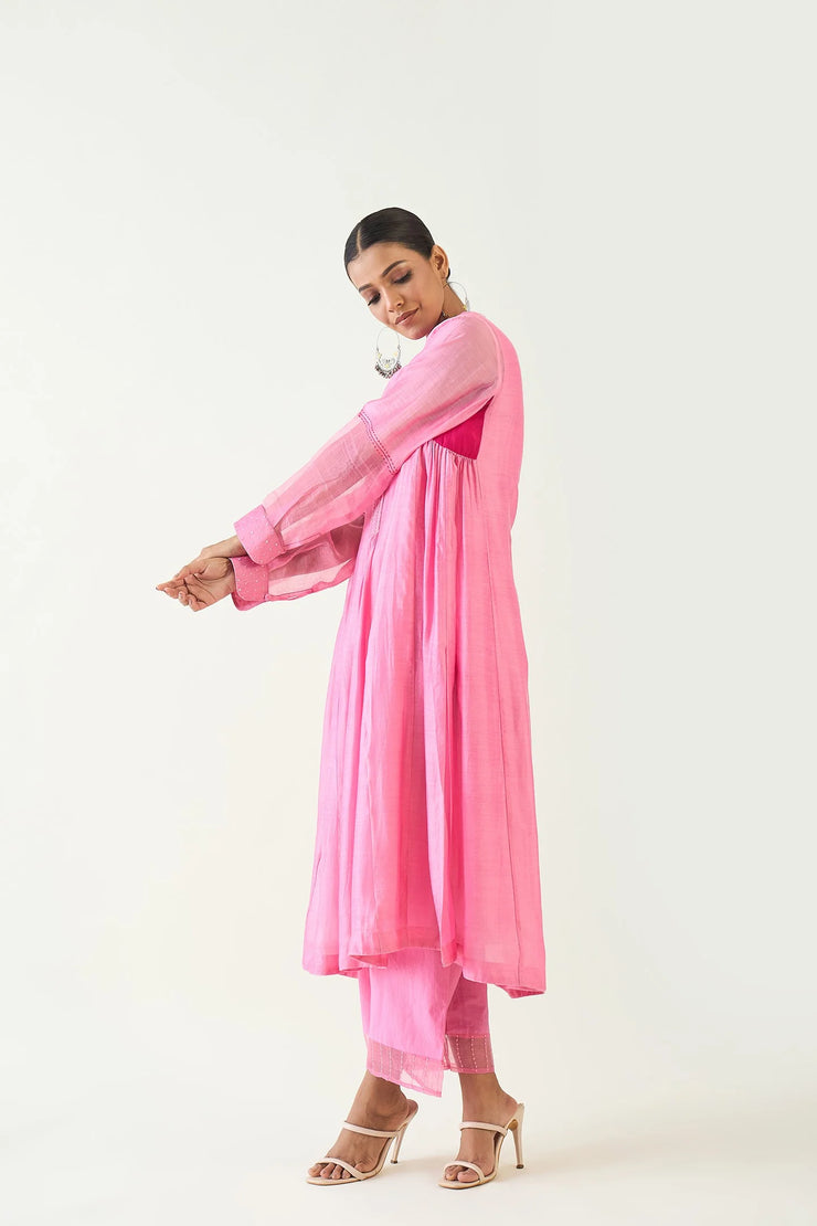 Urvi: Embroidered Side Gather Kurta set - Candy Pink