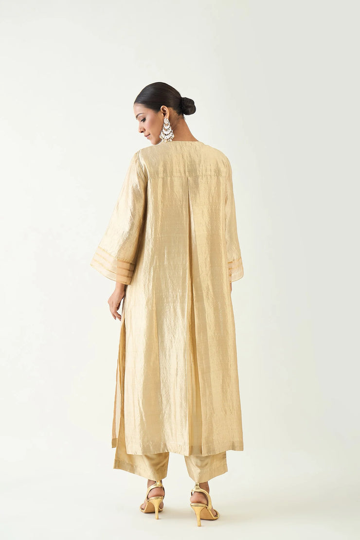 Kaya: Zari Stripe and SIlk Patch Kurta Set - Beige and Gold