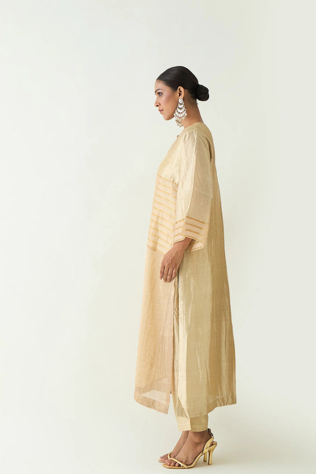 Kaya: Zari Stripe and SIlk Patch Kurta Set - Beige and Gold