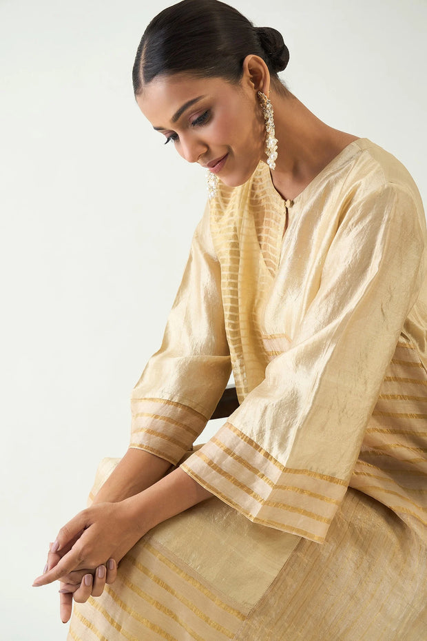 Kaya: Zari Stripe and SIlk Patch Kurta Set - Beige and Gold