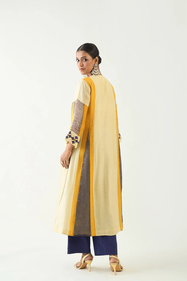 Roop: Cotton Silk Kali Kurta set - Mustard and Purple