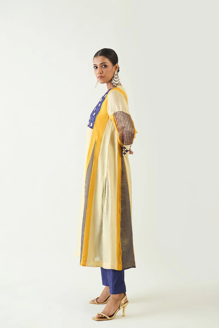 Roop: Cotton Silk Kali Kurta set - Mustard and Purple