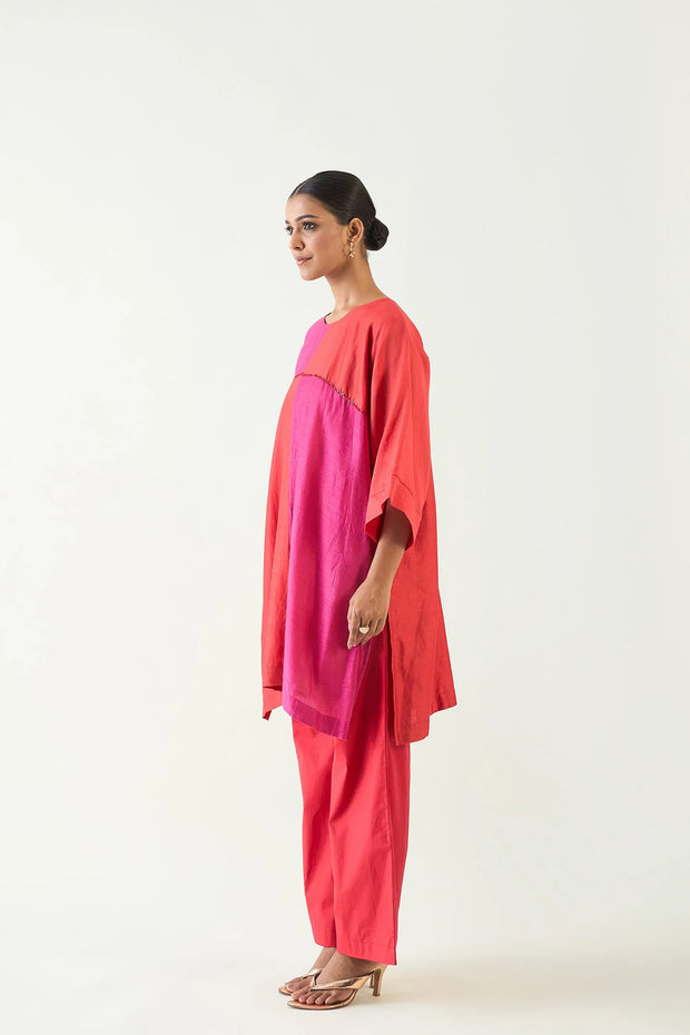 Jeeva: Cotton Silk colour block check sequin tunic set- Red and Pink