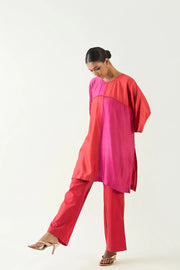 Jeeva: Cotton Silk colour block check sequin tunic set- Red and Pink