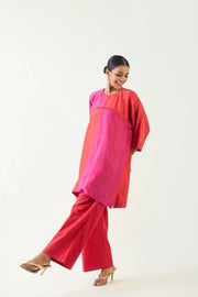 Jeeva: Cotton Silk colour block check sequin tunic set- Red and Pink