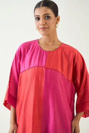 Jeeva: Cotton Silk colour block check sequin tunic set- Red and Pink