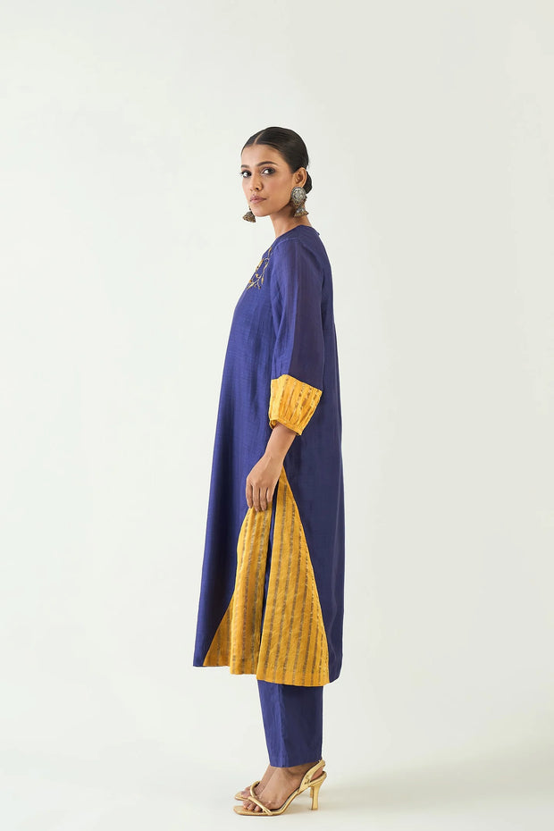 Mohini: Straight Cotton Silk Kurta set - Purple and Mustard