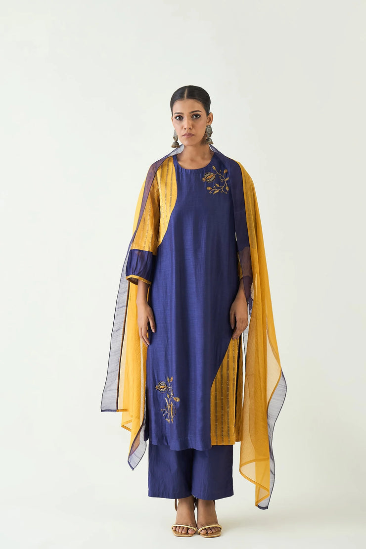 Mohini: Straight Cotton Silk Kurta set - Purple and Mustard