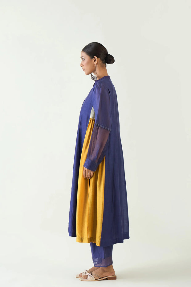 Urvi:  Embroidered Side Gather Kurta set - Purple and Mustard