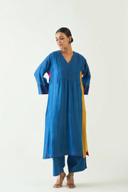 Kriya: Cotton Silk Color block choga set - Blue Mustard Pink