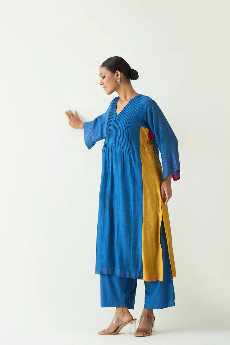 Kriya: Cotton Silk Color block choga set - Blue Mustard Pink