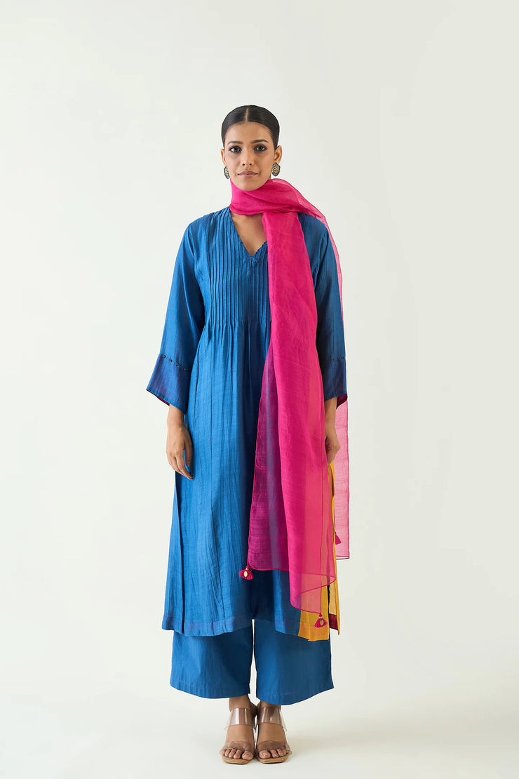 Kriya: Cotton Silk Color block choga set - Blue Mustard Pink