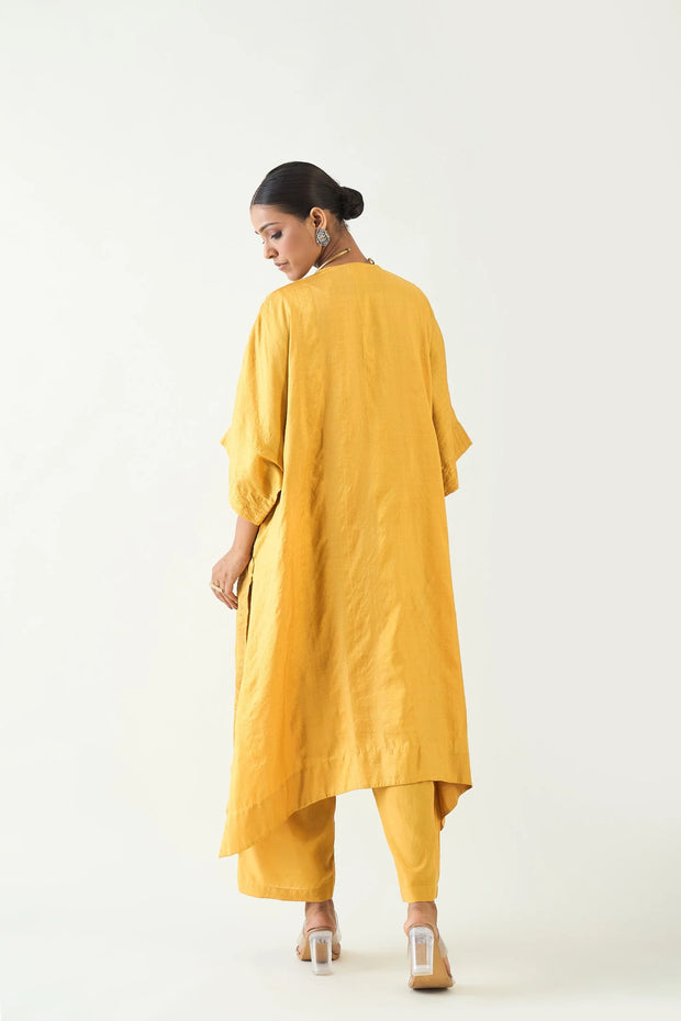 Damani: Silk with Gold weave Kimono Kaftan set - Mustard