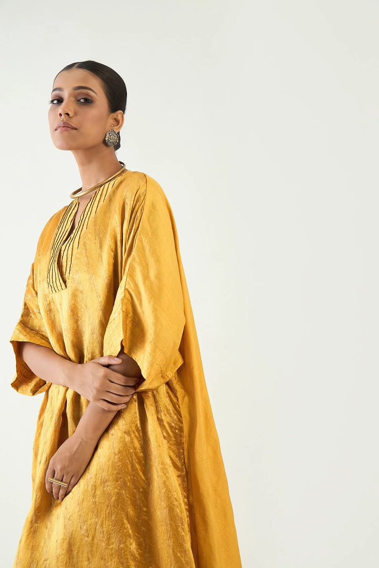 Damani: Silk with Gold weave Kimono Kaftan set - Mustard