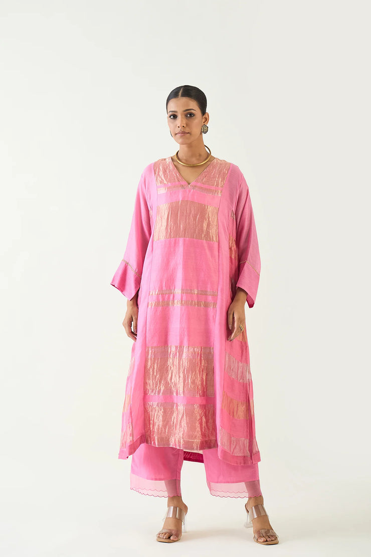 Mira: Silk stripe tissue Choga set- Candy Pink