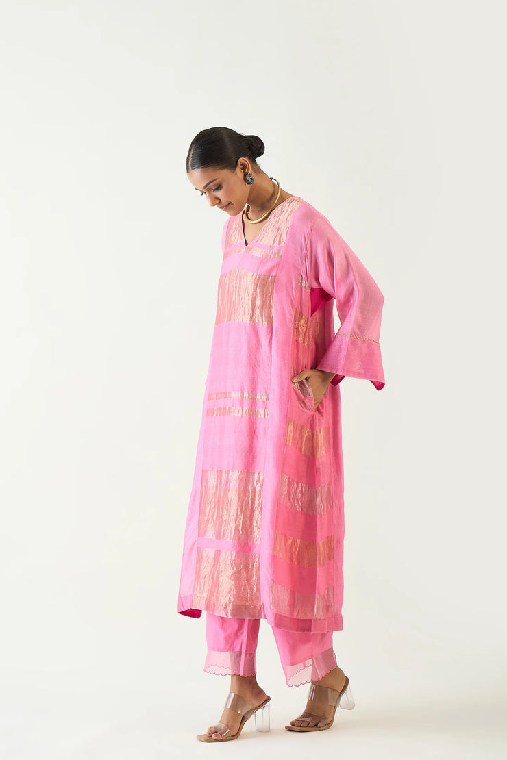 Mira: Silk stripe tissue Choga set- Candy Pink