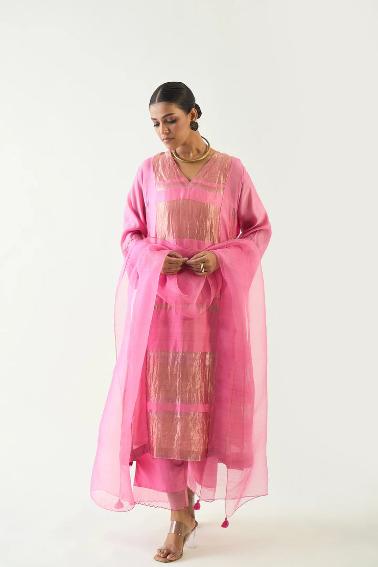 Mira: Silk stripe tissue Choga set- Candy Pink