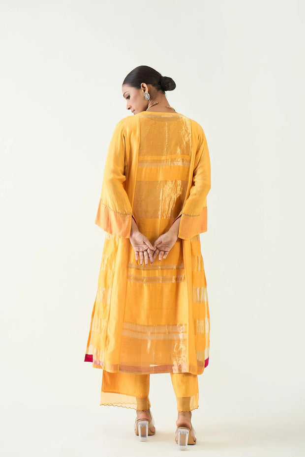 Mira: Silk stripe tissue Choga set- Mango