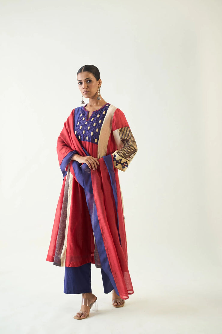 Roop: Cotton Silk Kali Kurta set - Red and Purple